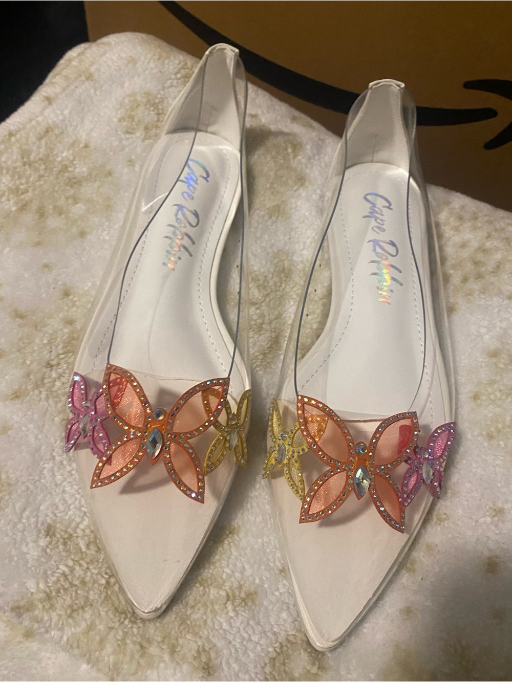 Cape Robbin White Pointed Toe Flats with Multicolor Butterfly Accent